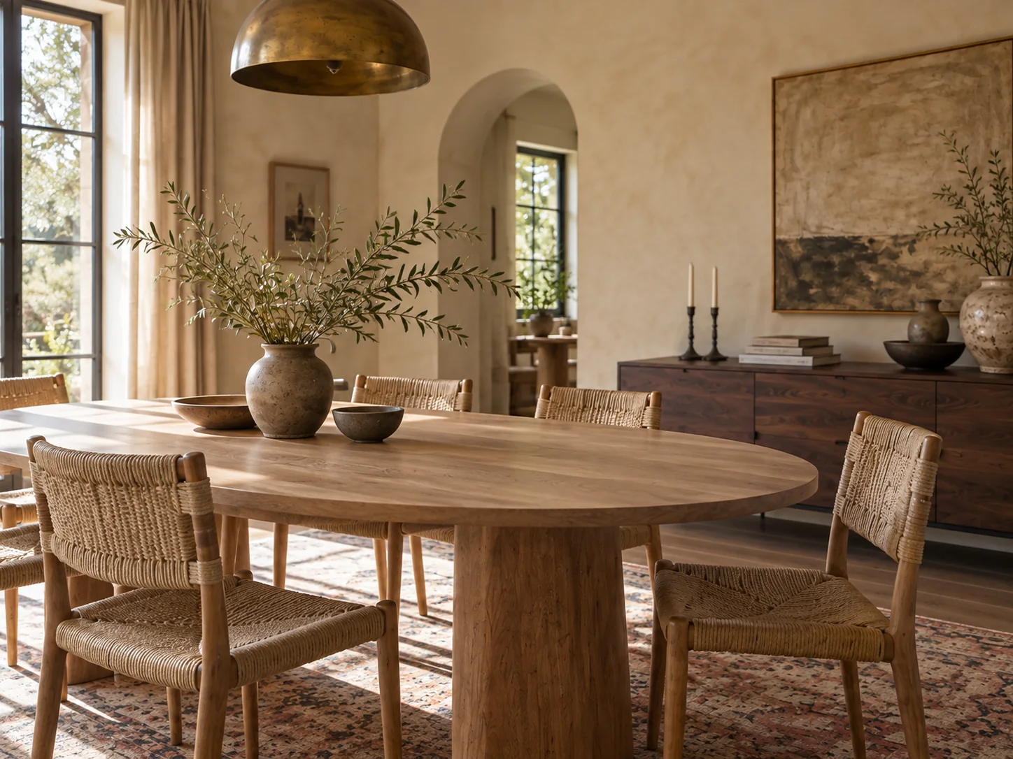 A closer view of the same oak dining table and woven chairs