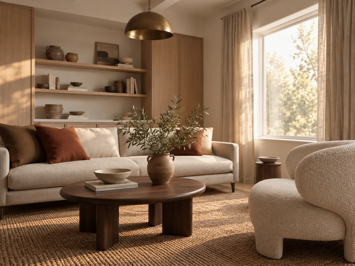 The same warm living room seen from the window side